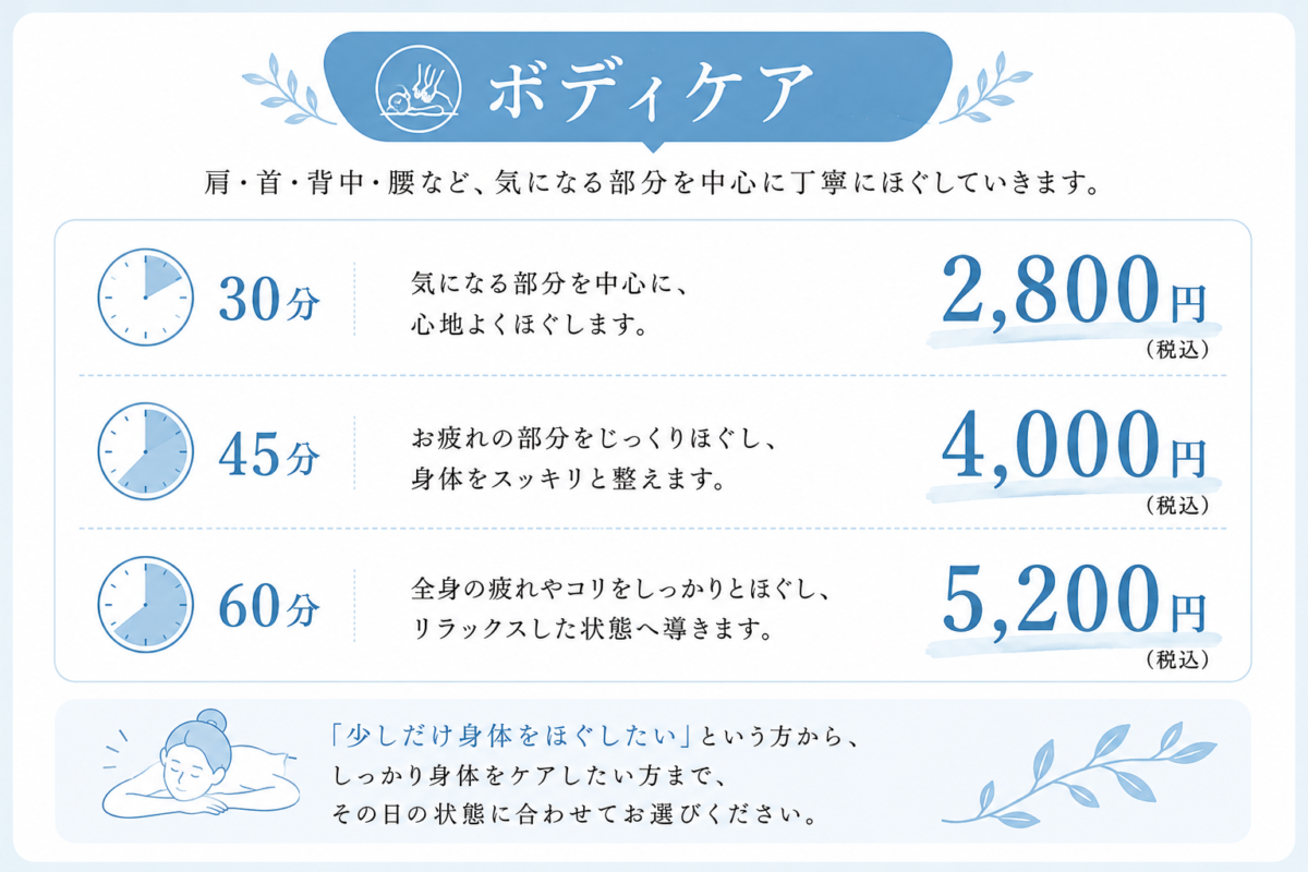 あんょボディケア料金|30分2,800円・45分4,000円・60分5,200円