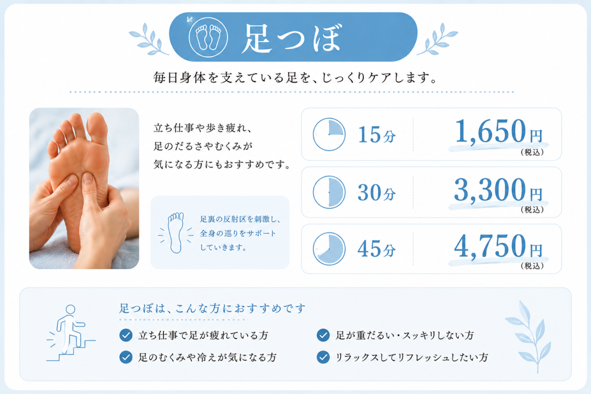 あんょ足つぼ料金|15分1,650円・30分3,300円・45分4,750円