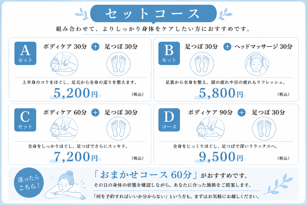 あんょセットコース|ボディケア・足つぼ・ヘッドマッサージ