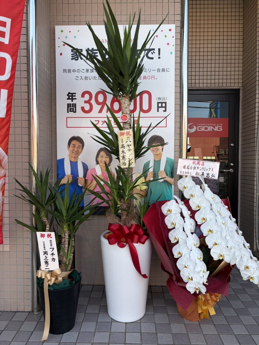 GOING福岡新宮店のグランドオープンを祝う開店祝いのスタンド花