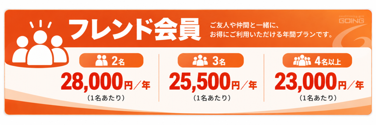 GOINGフレンド会員 2名28000円 3名25500円 4名以上23000円 1名あたりの年会費